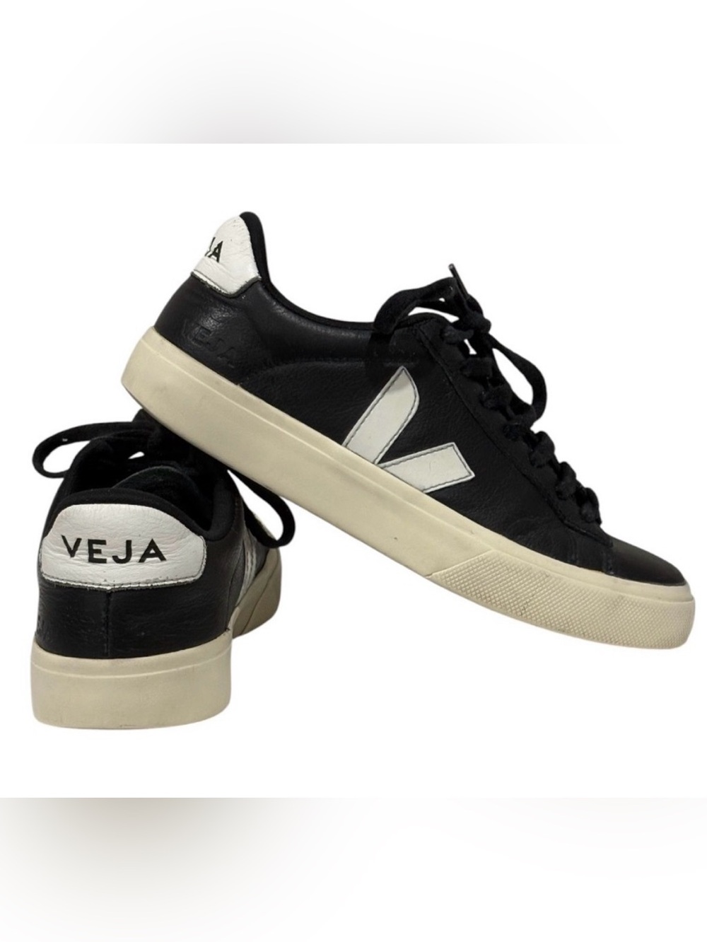 Veja Black Leather Sneakers with White V Detail
